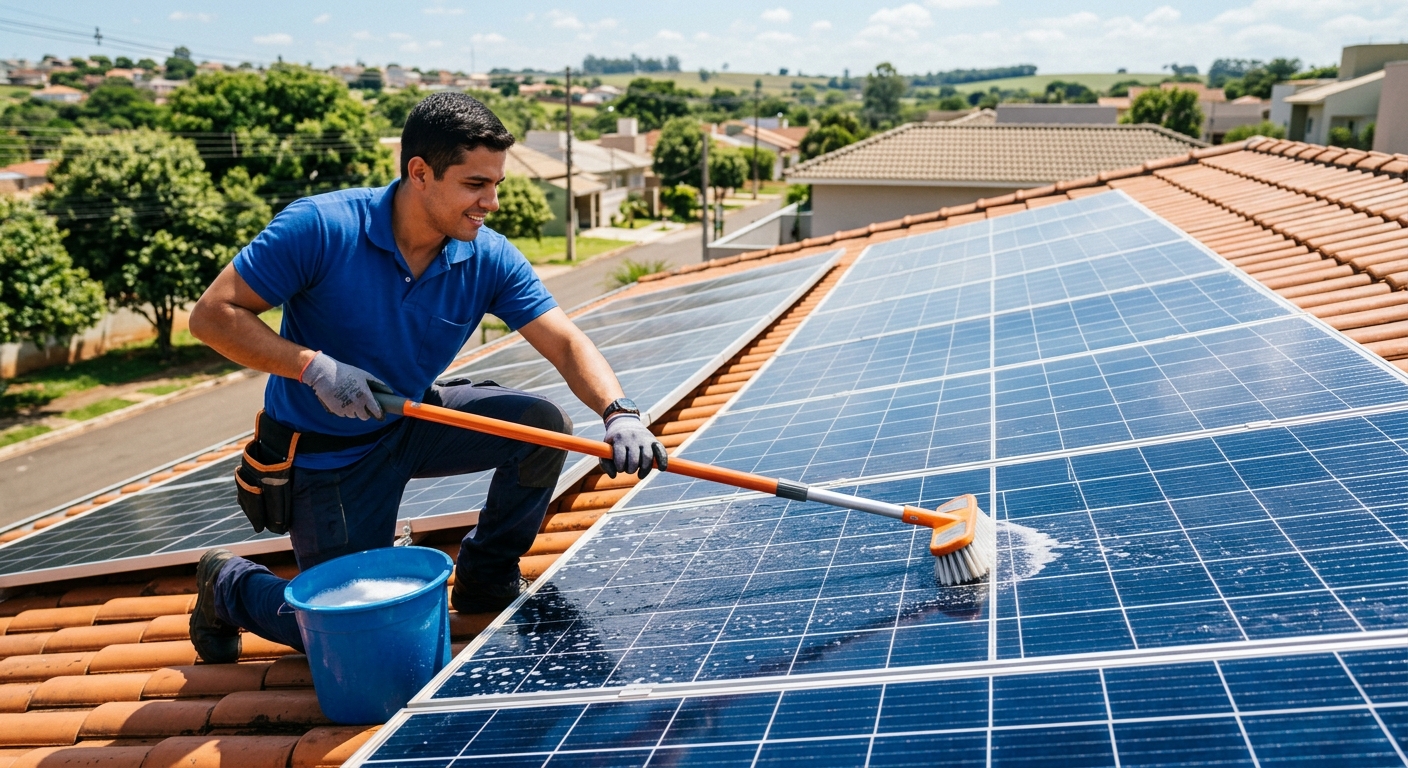 Limpando painel solar